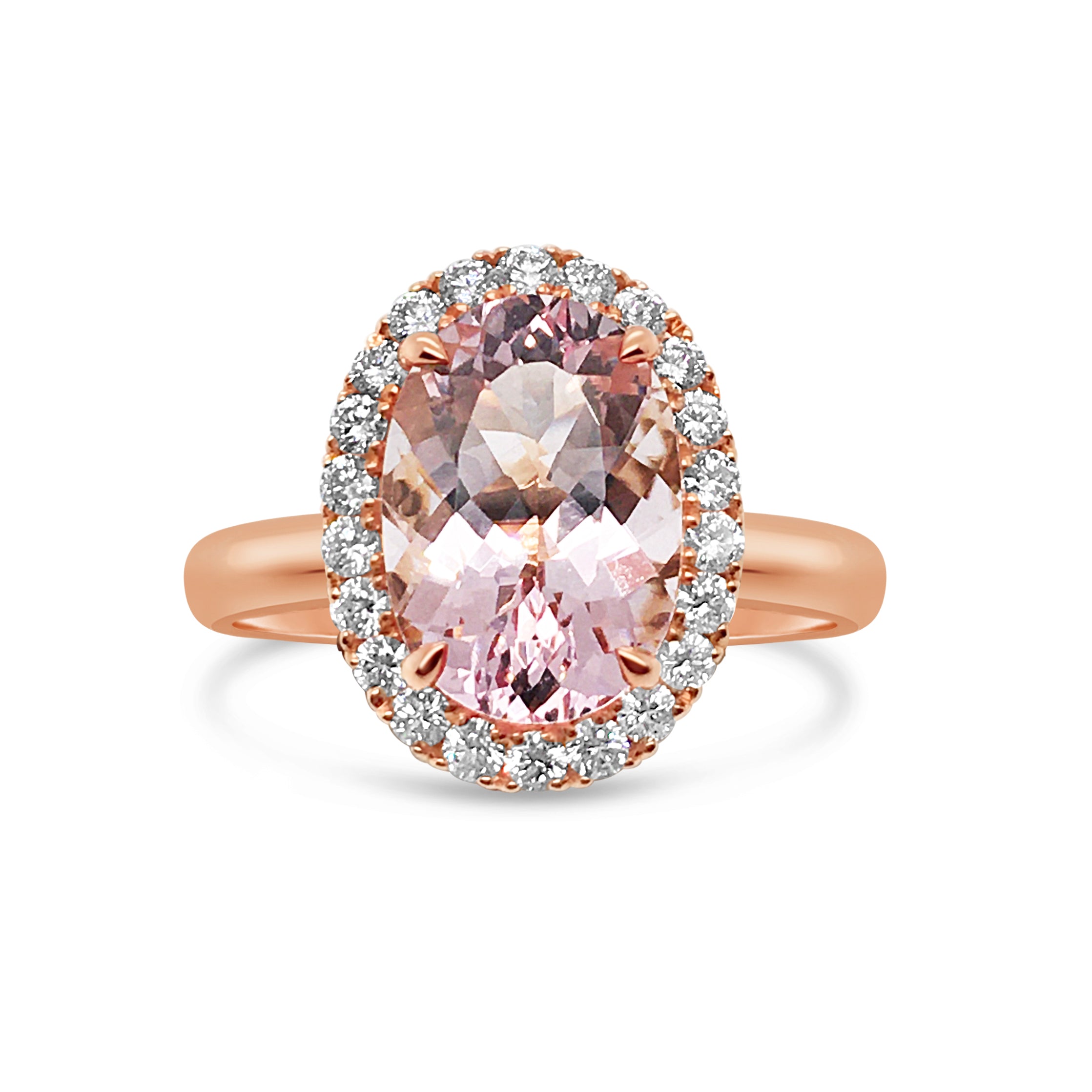 18ct Rose Gold Morganite & Diamond Halo Ring