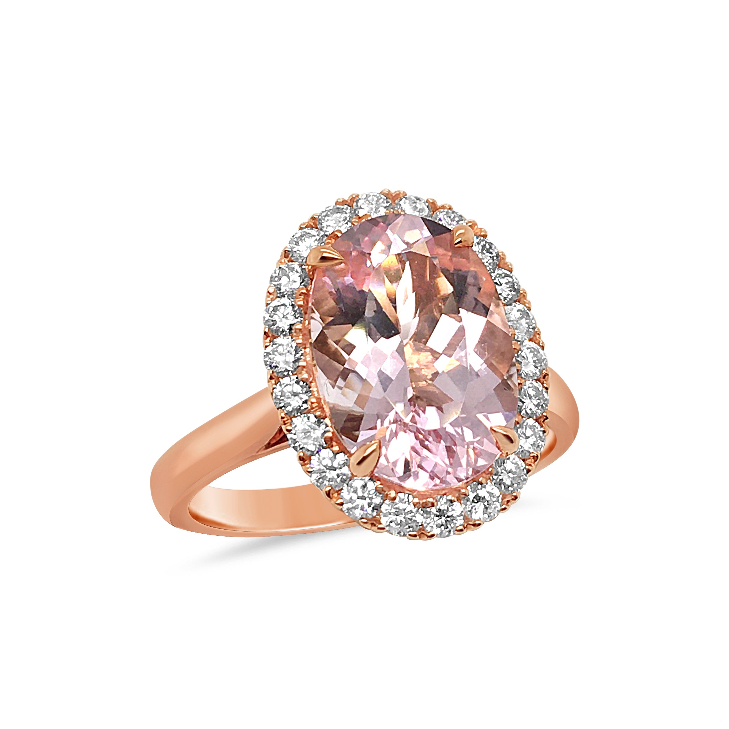 18ct Rose Gold Morganite & Diamond Halo Ring
