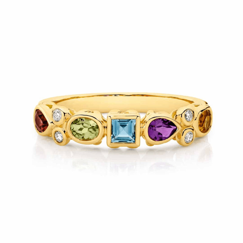 9ct Yellow Gold Mixed Coloured Gemstone & Diamond Ring