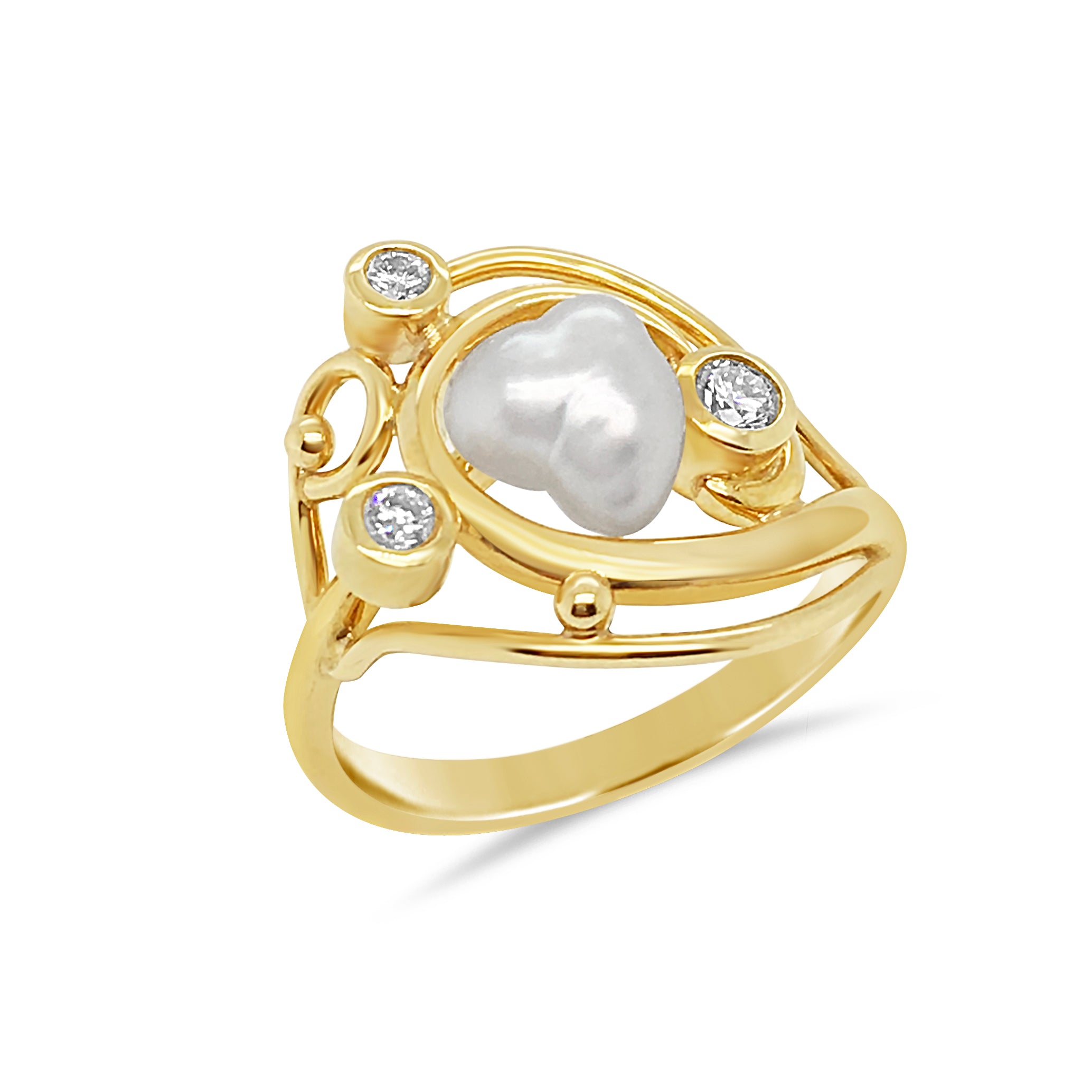9ct Gold Keshi Pearl & Diamond Swirl Ring