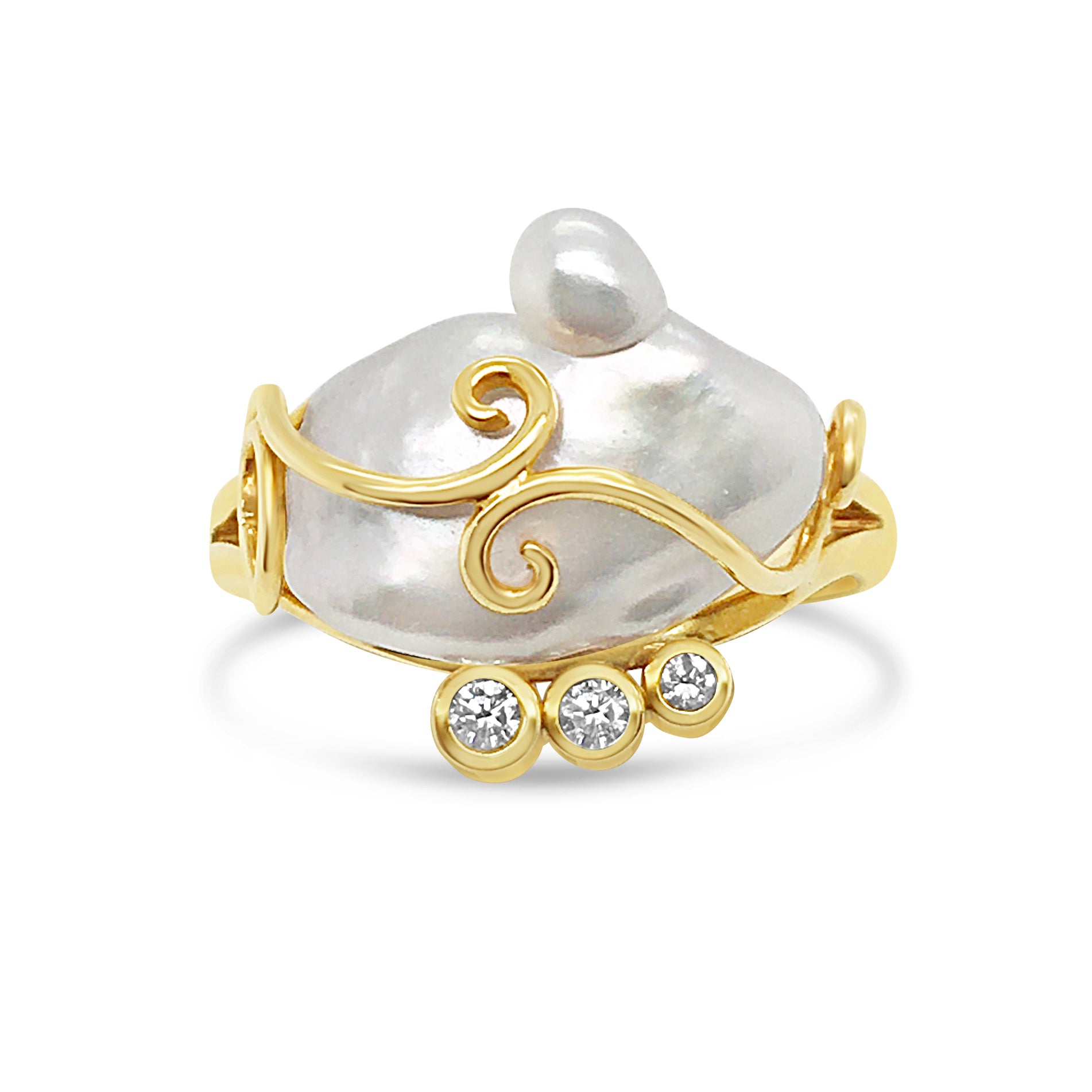 9ct Yellow Gold Keshi Pearl & Diamond Ring