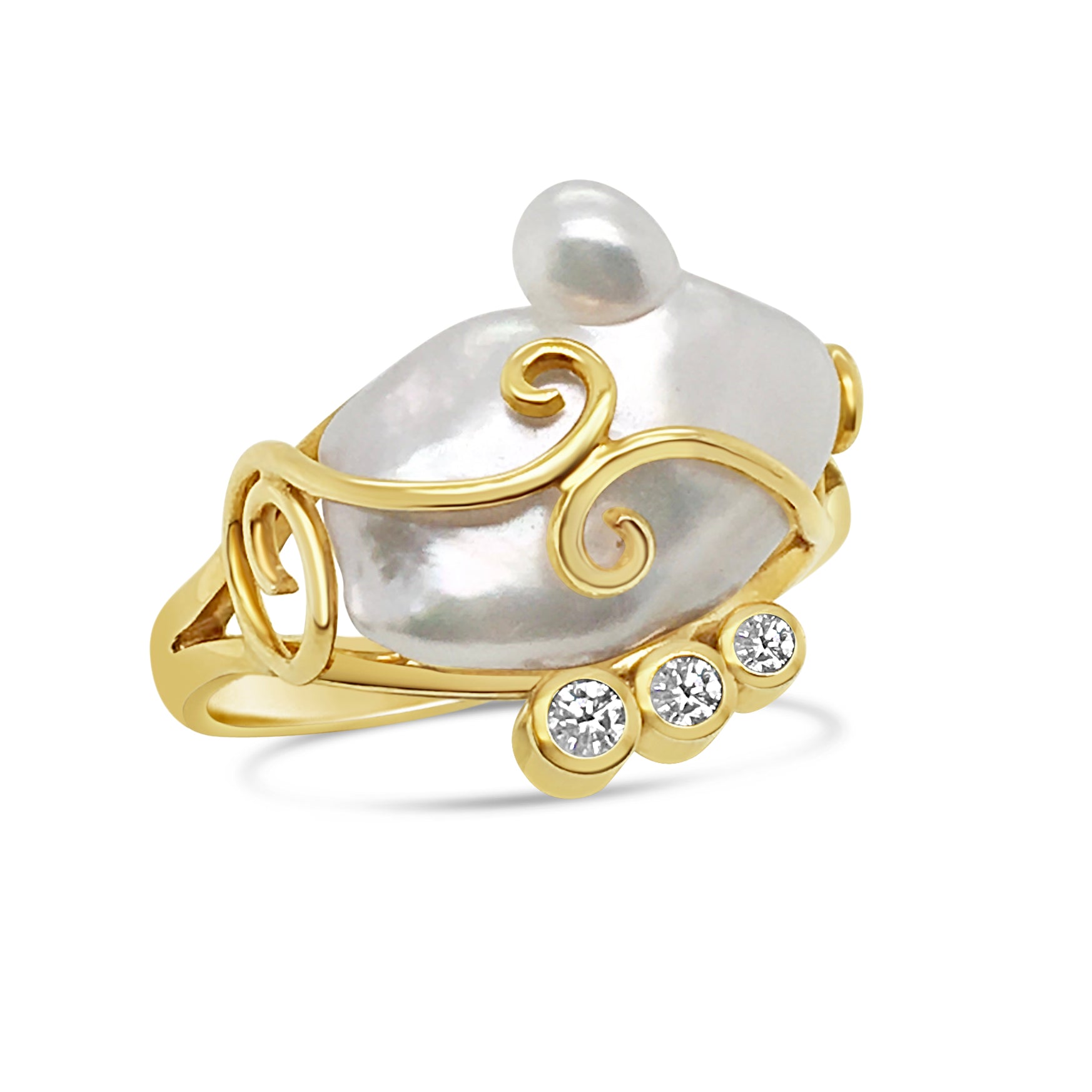 9ct Yellow Gold Keshi Pearl & Diamond Ring