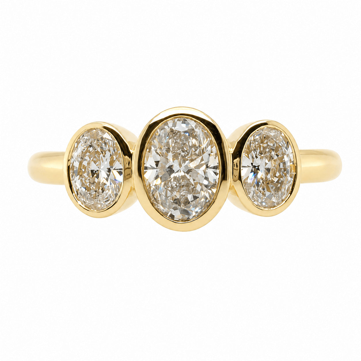 18ct Yellow Gold 1.12ct TW Natural Diamond Oval Bezel Set Trillogy Ring