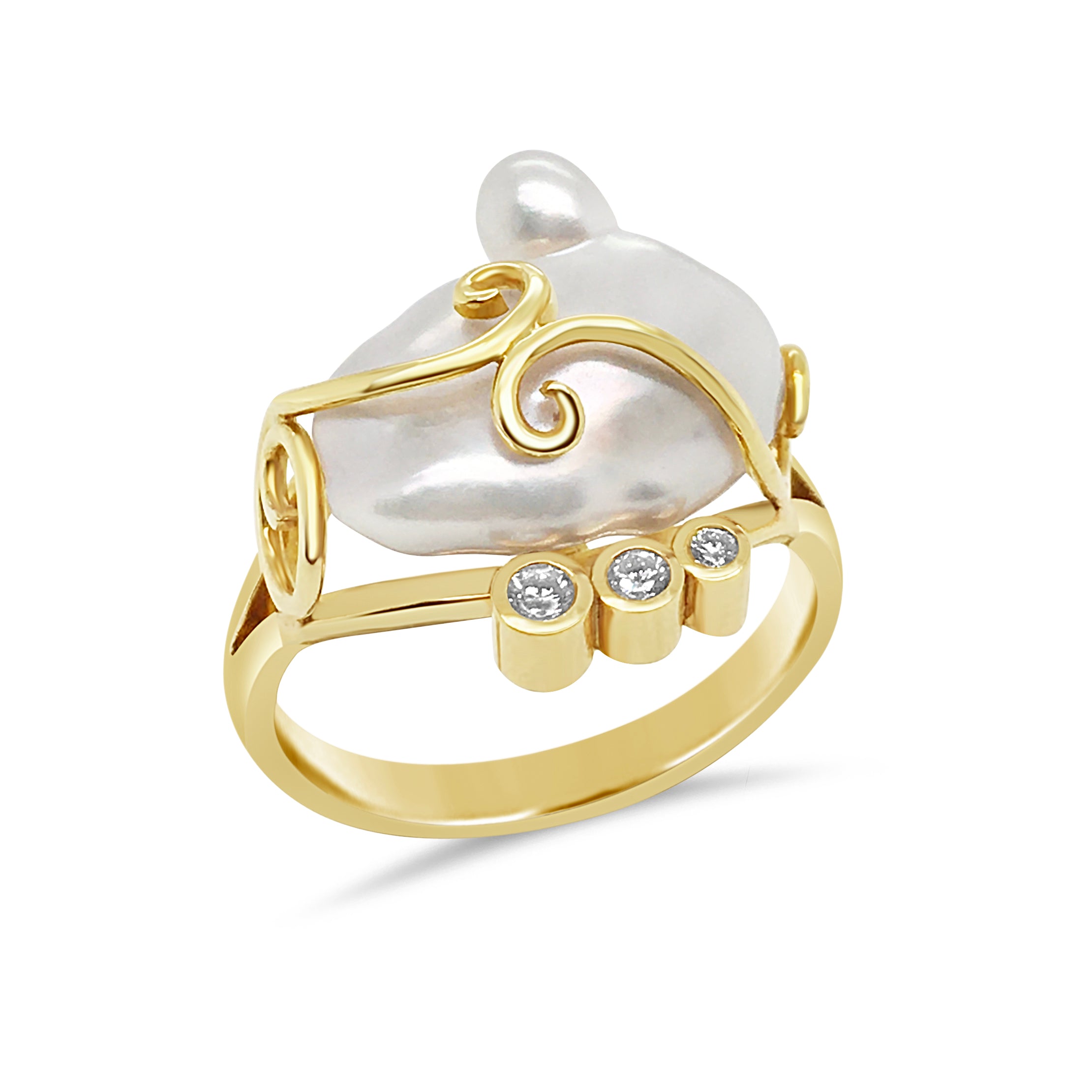 9ct Yellow Gold Keshi Pearl & Diamond Ring