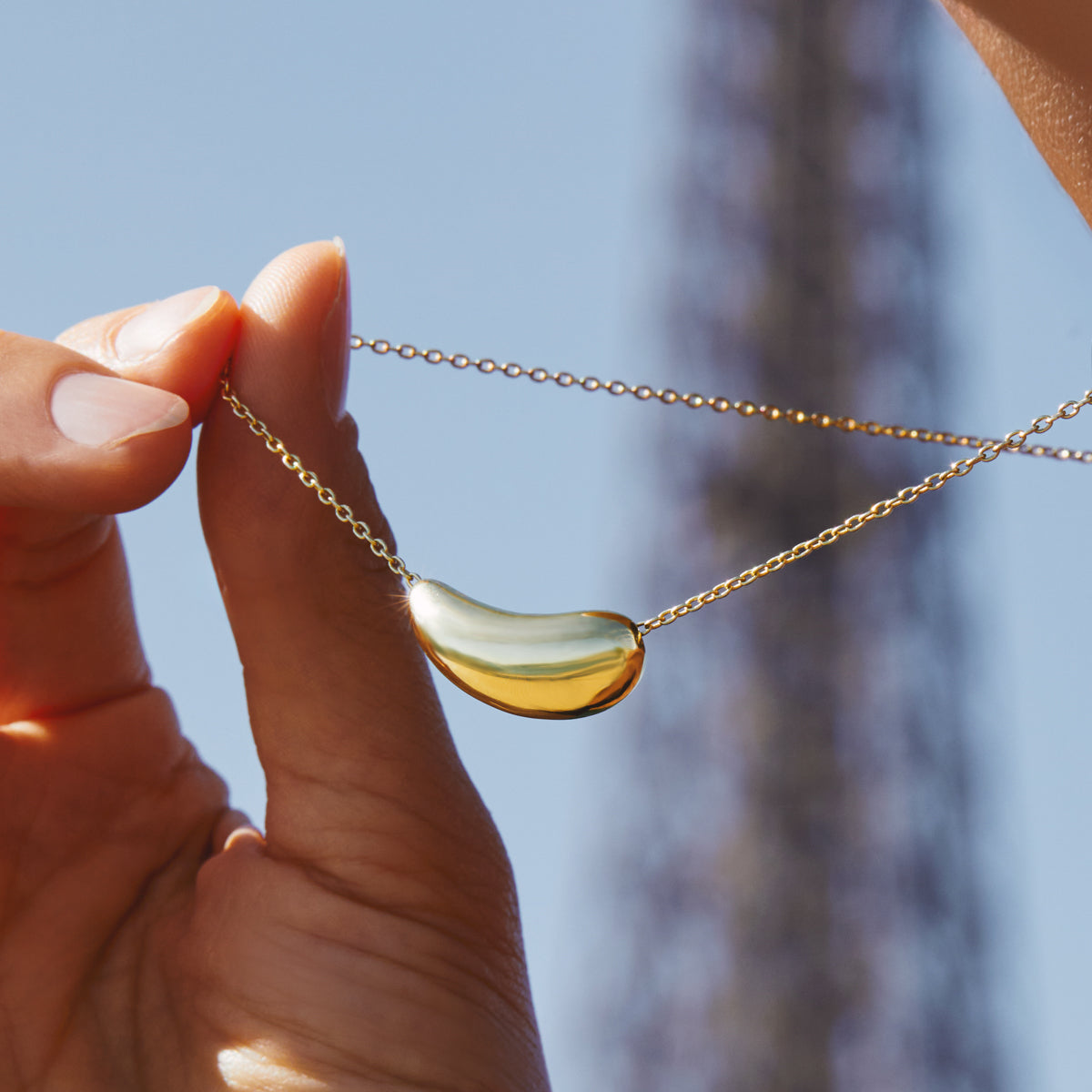 Yellow Gold Elongated Long Bean Necklace